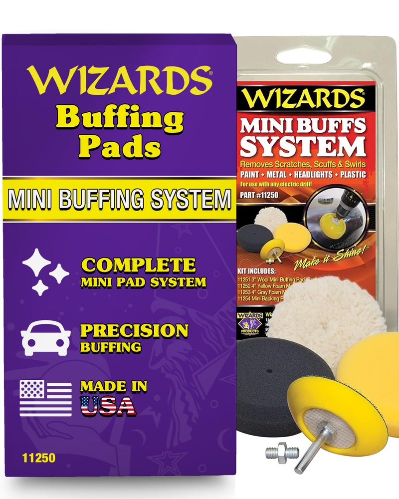 Wizards Mini Buffing System - Cuts, Polishes, Applies Wax and Removes Swirls - for All Paints and Hard Surfaces - Comes with 1/4 Shank Drill Adaptor - Auto Detailing Supplies for Beginners - Image 1